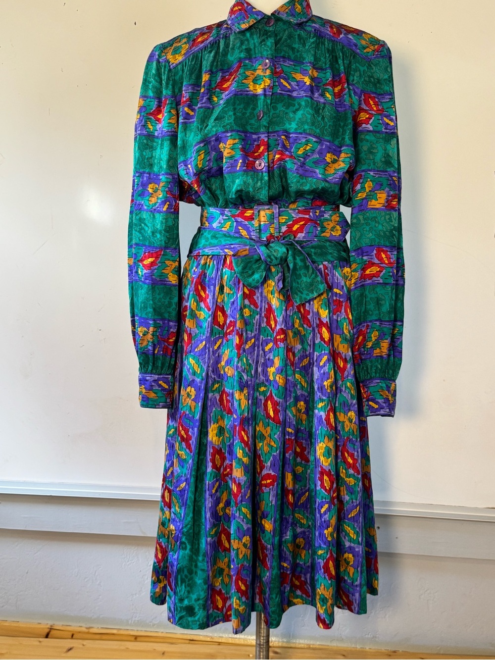 Vintage blouson silk abstract 80s Floral animal cottagecore Long sleeve belted - Picture 6 of 9